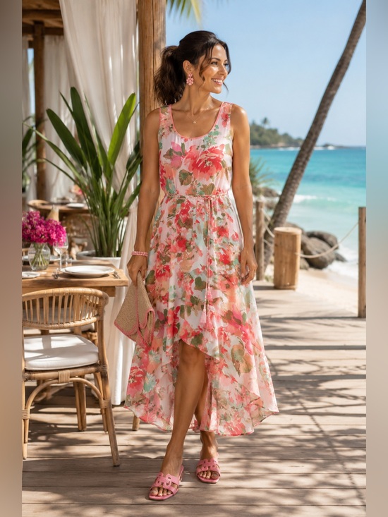 MSK Dresses & Skirts - MSK Pink Floral Sleeveless High-Low Belted Dress